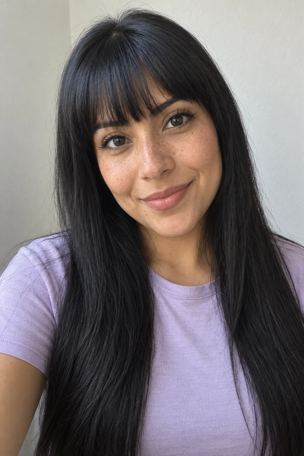 Woman with long black hair and blunt bangs smiling in a lilac shirt.