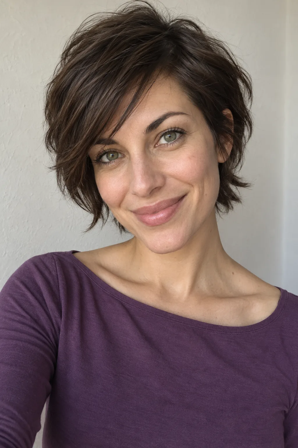 Woman with a short brunette shag and green eyes in a violet shirt.