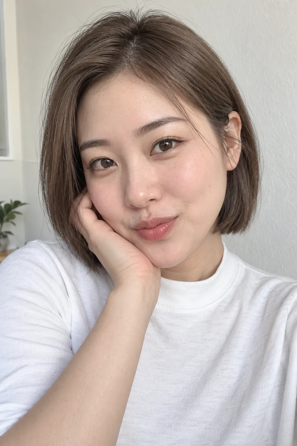 Woman with an ash-brown bob and a playful expression, hand beside her cheek.